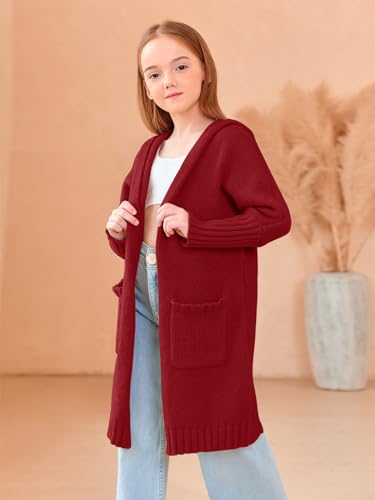 Girls Hooded Long Cardigan Kids Fashion Open Front Knit Sweater Outerwear Coat 5-14 Years3