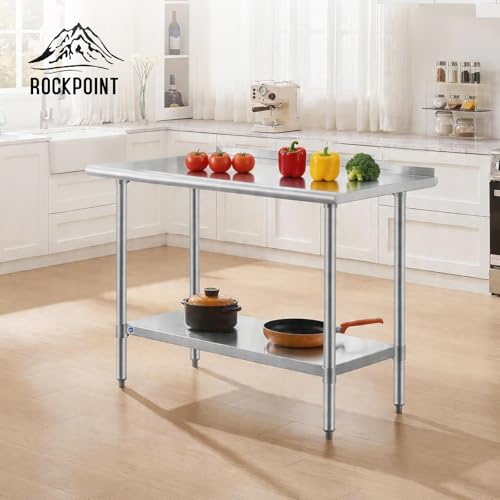 Image of ROCKPOINT SS304 Top All Stainless Steel Table for Prep & Work with Backsplash 24x48 Inches, NSF Commercial Kitchen Heavy Duty Table with Adjustable Undershelf for Restaurant,Kitchen, Home and Hotel