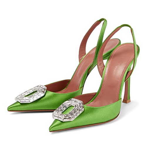 Vertundy Women's slingback Rhinestone Heels-Pointed Toe Satin Crystal Stiletto Wedding Bride Pump Shoes Sage Grass Green