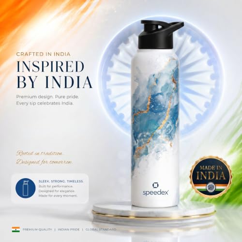 Image of Speedex Stainless Steel Water Bottle 1 Ltr (1000ml), BIS Approved, Leak-Proof Sipper Cap, Ice Marble Printed Design, Office, School, Travel, Daily Use, Men, Women, Boys, Girls, Kids, Set of 4
