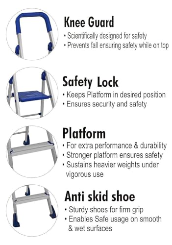 Image of Dynamo - Foldable Aluminium Step Ladder, Safety Clutch Lock, Anti Slip Steps, Knee Guard, Anti Skid PVC Shoes, 4 Steps (Aluminium, Steel, Blue)