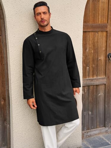Image of Runcati Mens Kaftan Thobe Robe Long Sleeve Cotton Henley Shirt Casual Muslim Gown Salwar Kurta