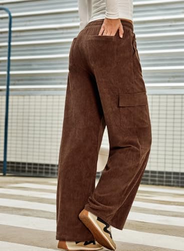 Sidefeel Womens Corduroy Pants Casual High Waisted Elastic Drawstring Cargo Loose Fit Wide Leg Pants with Pockets4