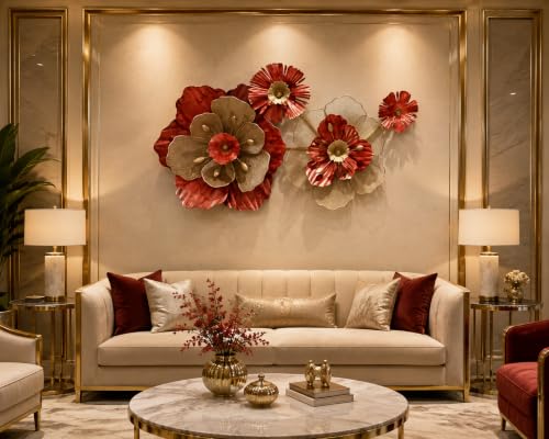 Image of ZOVE Radiant Rooms Metal Flower Wall Art for Living Room | Modern 3D Floral Wall Decor | Premium Iron Wall Hanging for Bedroom, Dining Room, Hallway & Office | 40 x 21Inch | Red & Gold