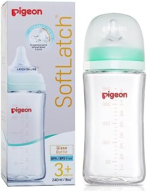 Pigeon Wide Neck Glass Feeding Bottle 240 ml (Green) | BPA Free Borosilicate Glass | Soft Silicone Nipple | Newborns, Infants & Toddlers (0โ3 Months+) | Pack of 1