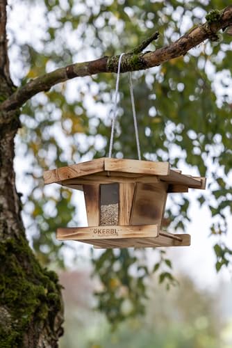 Kerbl Hobbyfarming Vogelfutterhaus, Aus Holz, Mit Glassichtfenster, Wetterfestem Dach, Robuste Kordel zur Aufhängung, Für Wildvögel, Witterungsbeständig