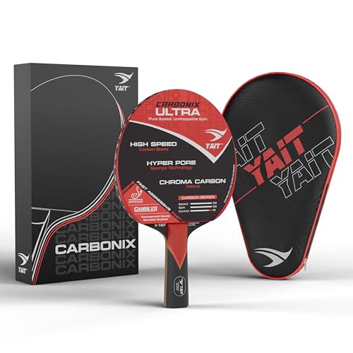Image of Carbonix Ultra Professional Table Tennis Racquet | ITTF Approved Gambler X3D Rubber | 7 Layer Blade | Red Chroma Carbon| Hyper Pore Sponge | Ayous, Kiri & Koto Wood| Ultra Speed & Spin TT Racquet