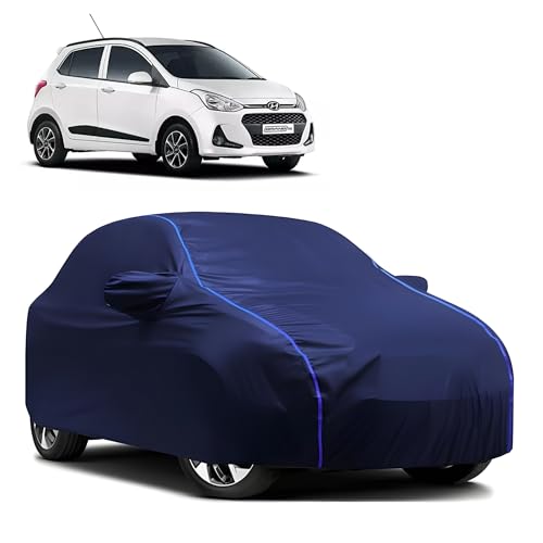 Image of Kerwa Car Body Cover Waterproof Compatible with Hyundai Grand i10 | Scratch Proof, Anti-Dust, UV Protection | Windproof Buckle Strap | Fitted Bottom Elastic | Side Mirror Pockets-Blue