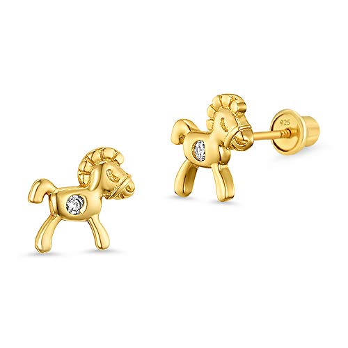 14k Gold Plated Brass Horse Cubic Zirconia Screwback Baby Girls Earrings with Sterling Silver Post
