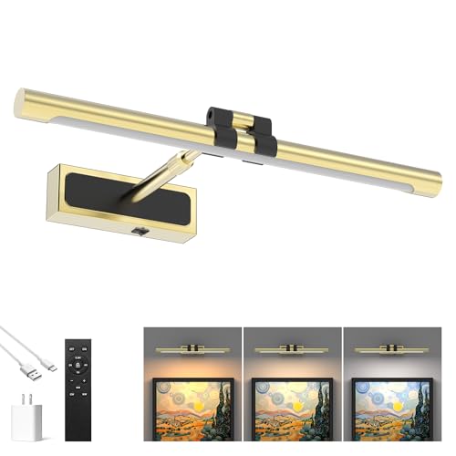 Brass Picture Light for Wall - 16inch Dimmable & Rechargeable Art Light with Extendable Arm, 25H Light Time, Angle Adjustable, 3 Color Temperatures Timer - Perfect for Paintings and Home Decor