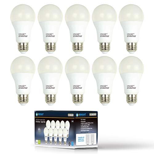 IBRIGHT A19 Dimmable Light Bulbs 9.5W (60-Watt Equivalent), E26 Bulb Base, 120VAC, 800 Lumens Daylight White 5000K, Works with dimmable Switches/Dimmers UL Listed, Energy Saver 10 Pack