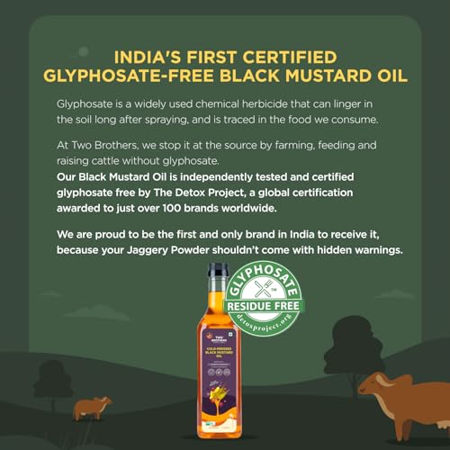 Image of Two Brothers Organic Farms India's Only Certified Glyphosate Free Mustard Oil /Sarso Ka Tel (1L), Made using farm grown Mustard seeds | Cold-Pressed and Single-Filtered Oil for healthier Cooking | Kacchi Ghani, Natural and Unrefined