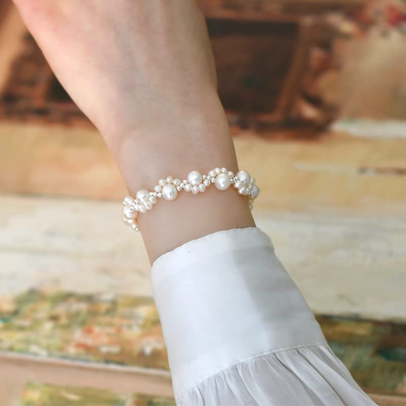 Braccialetto Intrecciato con Artigli di Gatti di Perle d'Acqua Dolce Naturali in Argento Sterling 925 per Regalo da Donna