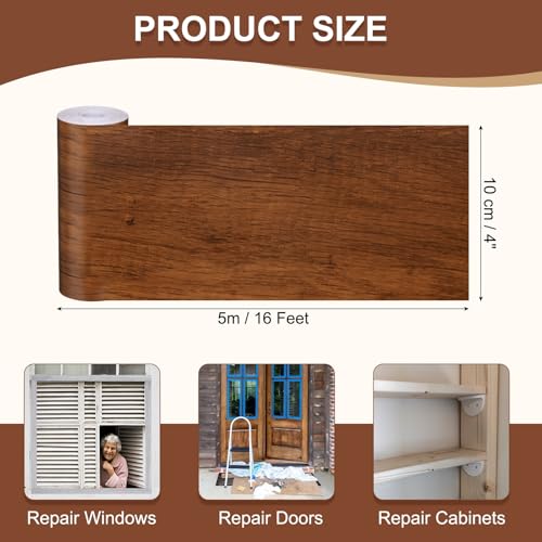 Image of MECCANIXITY Wood Grain Repair Tape, 4 Inch x 16 Feet Self Adhesive Wood Grain Tape Multi-Purpose Wallpaper Border Trim for Furniture Floors Windows Doors Tables Home, Light Brown