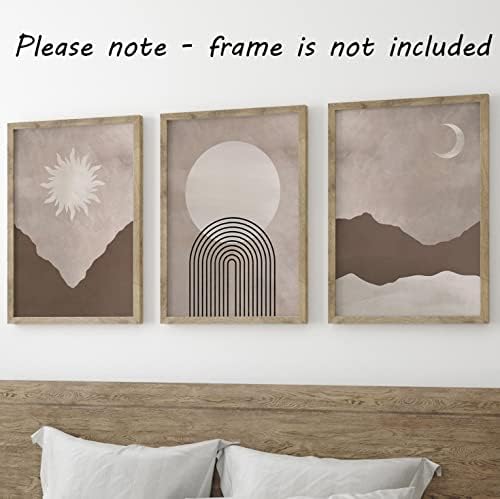 Desert Mountain Sun Moon Abstract Wall Art Set of 3 Unframed Prints, Brown Abstract Scenic Landscape Home Decor, Living Room Bedroom Poster Minimalist Decor (A3)