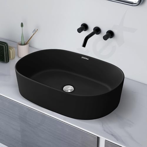 Image of Plantex Ceramic Wash Basin for Bathroom /Oval Table Top Basin /Countertop Vessel Sink for Home /Hotel - (Charcoal Black- 22 x 14 x 6 inch)