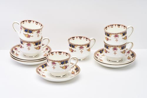 Image of GOLDEN QUEEN'S Cup & Saucer Set | Perfect for Hosting & for Tea /Coffee Lovers | Handcrafted in India, Inspired by Florals & 24-Carat Gold Rim | 6 Cups & 6 Saucers |170 ml (Blush & Blue Cascade)