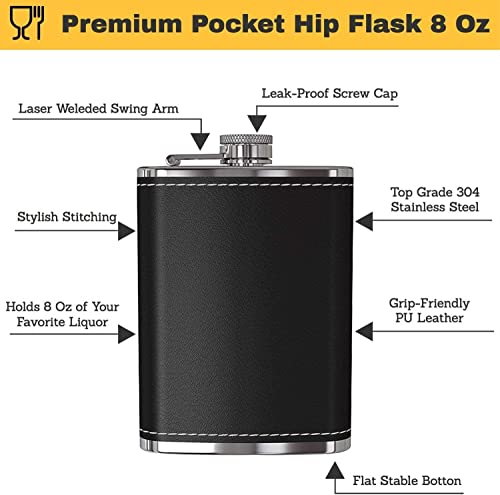 Image of Stainless Steel 8 Oz Liquor Hip Flask with Leather Cover and Wine Whiskey Vodka Alcohol Drinks Pocket Bottle for Men Women (236 Ml, Black)