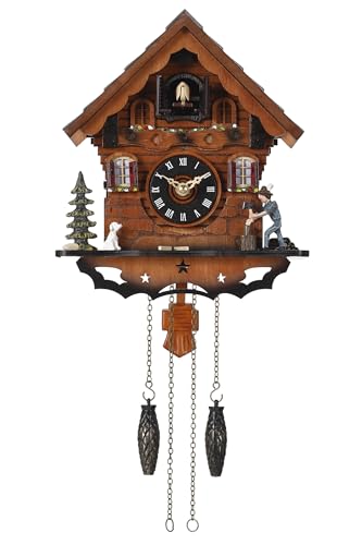 Kintrot Cuckoo Clock: Traditional Black Forest Handcrafted Wooden Quartz Clock for Wall Antique Decroration with Volume Control, 12 Melodies, Night Sensor and Singing Bird