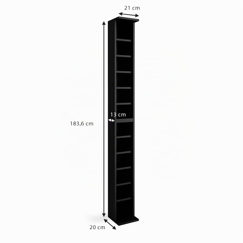 Vicco Estante para CDs, Negro, 21 x 183.6 cm Alto, con estantes Ajustables en Altura para un Almacenamiento Flexible de Medios