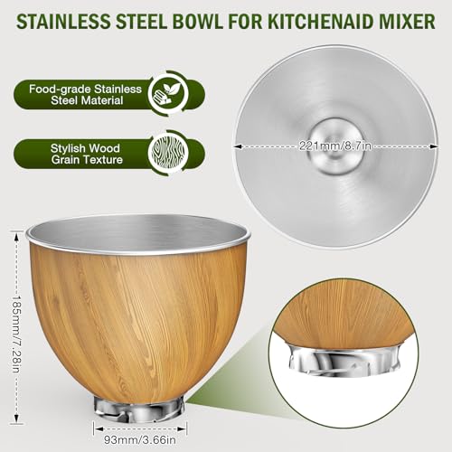 Image of 5QT Stainless Steel Mixer Bowl Compatible with Kitchen aid Stand Mixers Kitchenaid Replacement Bowl for 4.5-5 QT Tilt-Head Mixer with Handle, Wood Grain