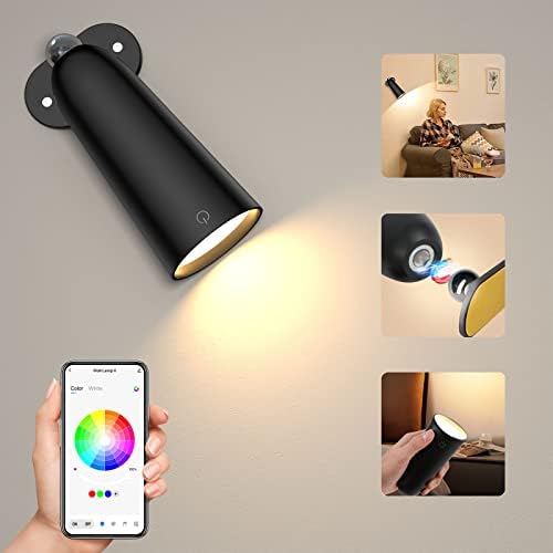 LED Wall Sconces, Smart RGB Wall Mounted Lamps with 3 Ambience Modes & 360°Rotate & Stepless Dimming, APP & Touch Control, Wireless Wall Lights with Rechargeable Battery for Indoor/Outdoor Lighting