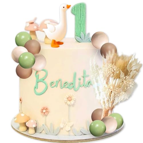BACH AND BOOZY One Silly Goose - Juego de decoración para tarta de cumpleaños, diseño de ganso, flor, 15 bolas, blanco neutro, ocasión de cumpleaños