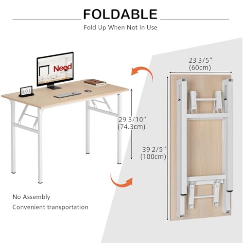 Image of Need Office Computer Desk 39.3 Inch Sturdy Folding Laptop Table Pink Oak | White Frame Writing Gaming Work Table /Foldable Home Office Desk /Sewing Table, No Assembly Required