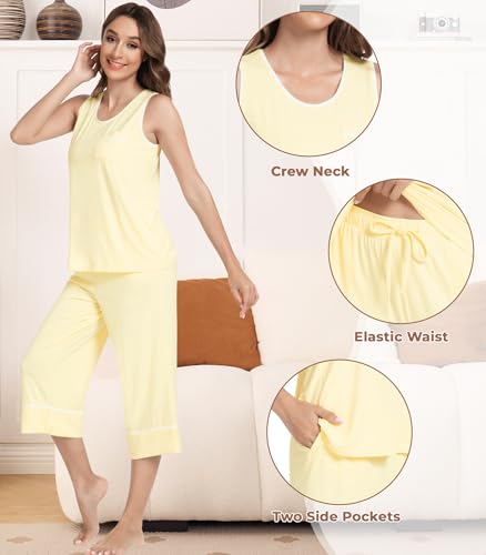 Image of NACHILA Pajamas Set for Women-Viscose Made from Bamboo, Tank Top with Capri Pants Pajama Cool Sleepwear Sleeveless Pjs