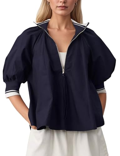 MISSACTIVER Puff Half Sleeve Blouses Women Contrast Zipper Collared V Neck T-Shirts Casual Loose Sporty Henley Swing Tops Navy Blue