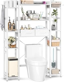 Over The Toilet Storage with 2 Drawers - 11 Tier Bathroom Organizer Freestanding Space Saver Storage Rack with Adjustable Shelf Above Toilet Stand with 4 Hooks for Restroom, Laundry, White