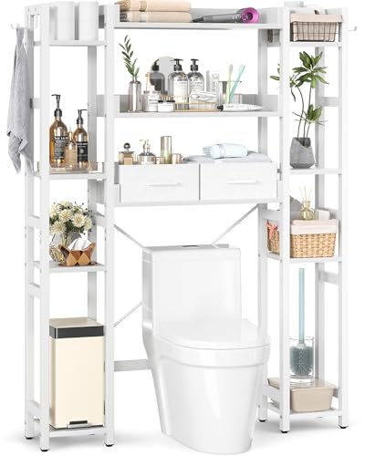 Over The Toilet Storage with 2 Drawers - 11 Tier Bathroom Organizer Freestanding Space Saver Storage Rack with Adjustable Shelf Above Toilet Stand with 4 Hooks for Restroom, Laundry, White