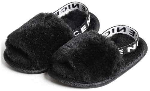 QIETION Girl's Soft Plush Lightweight House Slippers Non Slip Cross Band Slip on Open Toe Cozy Indoor Outdoor Slippers X102 Black 12CM