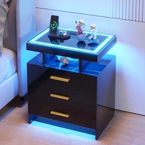 Image of HNEBC LED Nightstand with Charging Station,Smart Bedside Table with Motion Sensor Lights,3 Drawers,Tempered Glass Top,High Gloss End Table with 3 Color Lights for Bedroom, Living Room,Office-Black