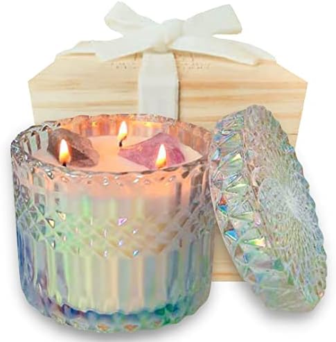 Healing Crystal Candle - 14oz Soy Meditation Candles with Crystals Inside. Fluorite, Amethyst, Clear Quartz. Manifestation Aromatherapy Candle for Stress Relief, Peace, Relaxation, and Harmony