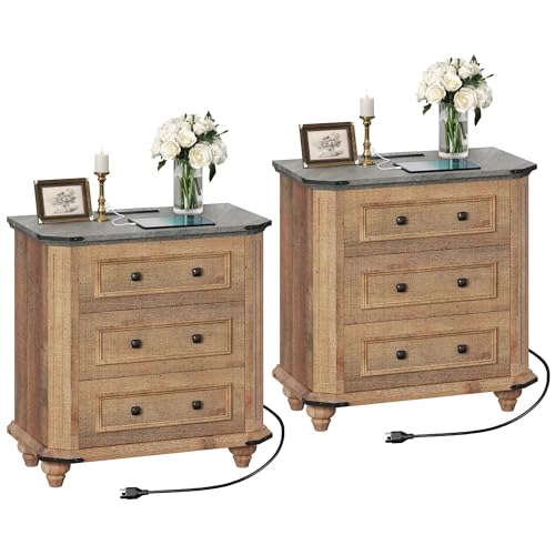 DWVO Nightstand Set of 2 with Charging Station, Farmhouse Bedside Table with 3 Drawers, Wood Night Stand w/Storage, Rustic Bed Side End Table for Bedroom Dorm Small Space, Brown