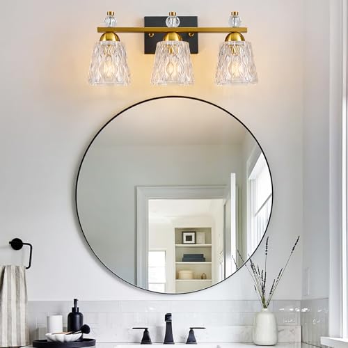 Image of 3 Light Bathroom Vanity Light, Black Gold Bathroom Light Fixtures with Textured Glass Shades Modern Vanity Lighting Wall Mount Over Mirror