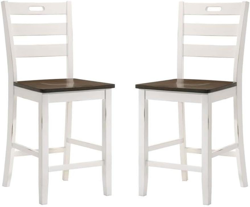 BOWERY HILL 24" Farmhouse Wood Counter Height Chair, Rubber Wood, Live Edge Oak and Sea White Finish, Ladder Back with Contoured Seat and Footrest, Set of 2 for Kitchen or Dining Room
