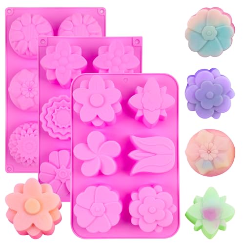 HNGWLYN Silicone Soap Molds 3 Pack 6 Cavities Different Flower Shapes Silicone Mold for Handmade Soap Bath Bombs Lotion Bar Candle Chocolate Desserts Biscuit Pudding Teacake Jelly