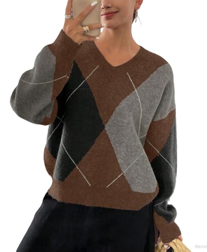 chouyatou Women's 2025 Fall V-Neck Argyle Sweaters Pullover Oversized Chunky Knit Casual Sweater Top