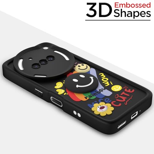 Image of Pikkme Back Cover for Nothing Phone 3a 5G | Soft Silicone| Cute Rainbow Smile & 3D Cartoon Flower Design | Shockproof Raised Camera Protection Bumper Case (Black)