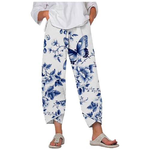Boho Floral Linen Pants for Women Summer Plus Size Casual Elastic Waist Cropped Beach Vacation Pants with Pockets