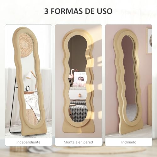 HOMCOM Espejo de Cuerpo Entero 160x50 cm Espejo de Pie o de Pared Diseño Ondulado Marco con Tela de Terciopelo para Salón Dormitorio Beige - imagen 5