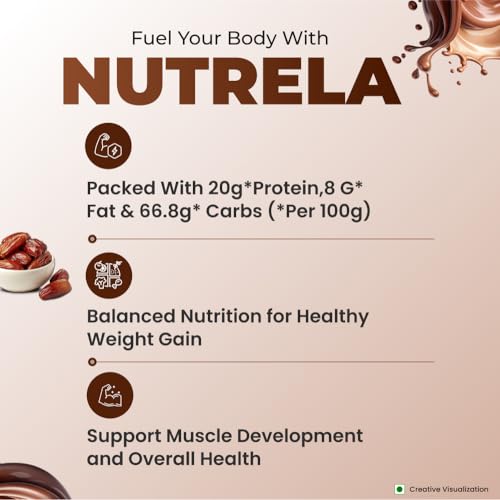 Image of NUTRELA Weight Gainer Powder | 1Kg Chocolate Flavour | High-Calorie Mass Gainer With Vitamins & Khandsari Sugar | Ideal For Men & Women