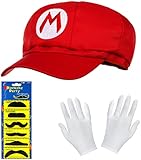 Balinco Mario Mütze Rot im Komplettset mit weißen Handschuhen und Klebe-Bärten für Erwachsene Karneval Fasching Motto Party Verkleidung Kostüm Mützen Hut Cap Herren Damen Kappe