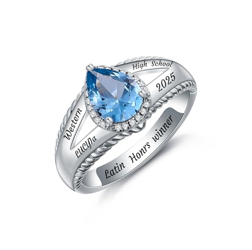 Customized Class Ring for Women College Teardrop Crystal College Graduation Rings for Womens Sterling silver/10k 14k 18k Gold