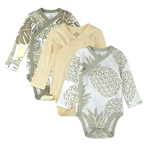 Image of HonestBaby 3-Pack Organic Cotton Long Sleeve Side-Snap Kimono Onesies Bodysuits, Jungle Leaf Khaki, 6-9 Months