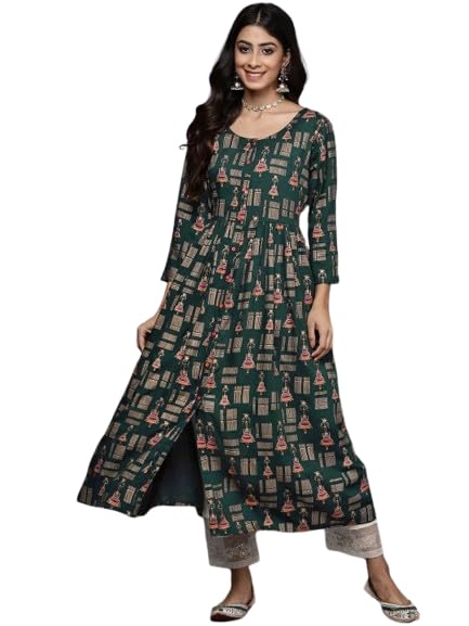 Robe imprimée or et vert Varanga à col rond pour femme