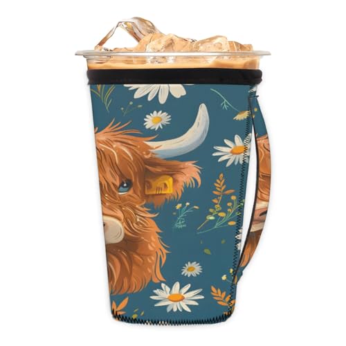 Chrysanthemum Cow Reusable Neoprene Coffee Sleeve with Handle Insulated Iced Coffee Cup Holder Reduces Condensation Fits 24-28 oz Cups M