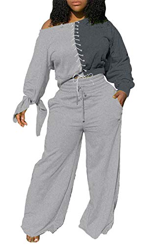 Aro Lora Womens 2 Piece Jumpsuit Off Shoulder Lace Up Tie Knot Crop Top Wide Leg Pant Set Romper Outfit XX-Large Grey